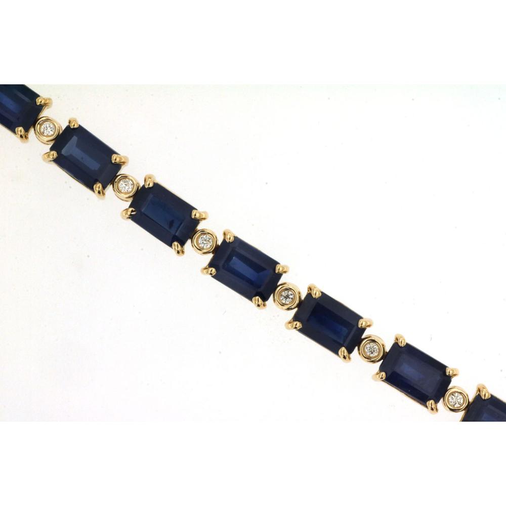 Royal 14K Yellow Gold Tennis Bracelet with Rectangular Sapphires and Prong Set Round Diamonds - 14.65 Carat Total Gem Weight