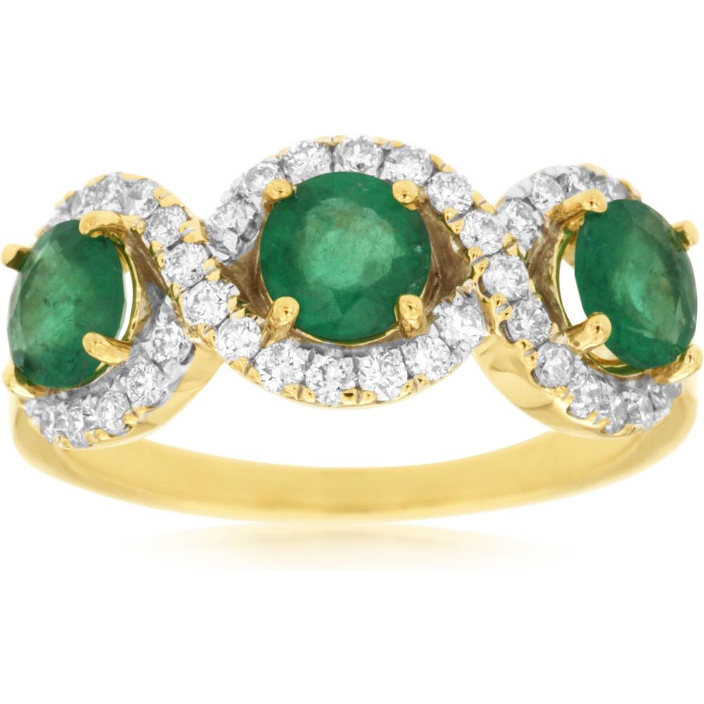 Royal 14K Yellow Gold Three-Stone Emerald and Diamond Halo Ring - 1.35 Carat Total Emerald Weight, 0.45 Carat Total Diamond Weight