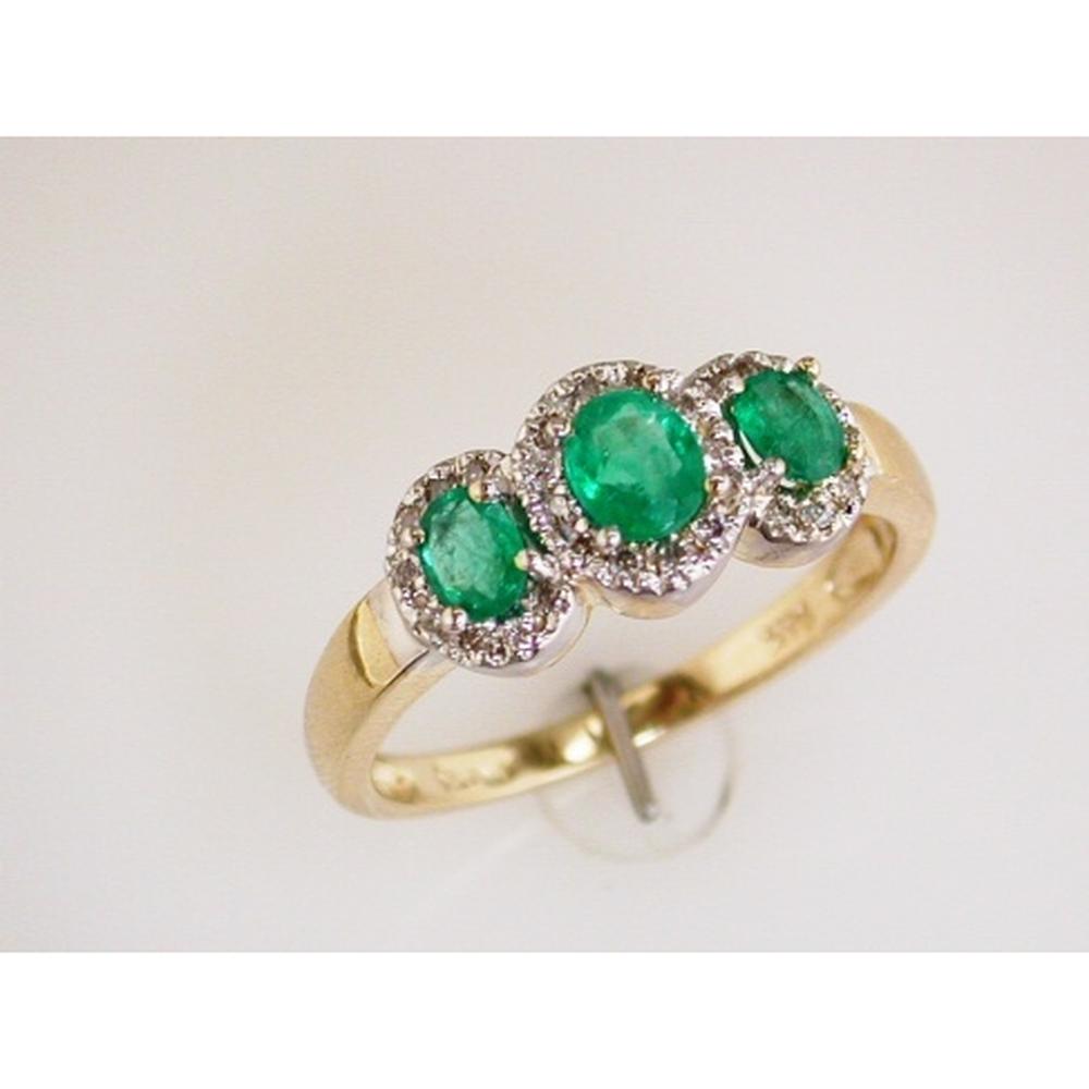 Royal 14K Yellow Gold Three-Stone Emerald and Diamond Ring - 0.67 Carats Emerald, 0.30 Carats Total Diamond Weight