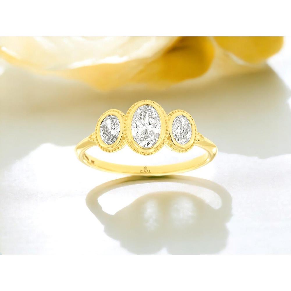 Royal 14K Yellow Gold Three-Stone Engagement Ring with Oval Diamonds - 0.75 Carats Total Diamond Weight