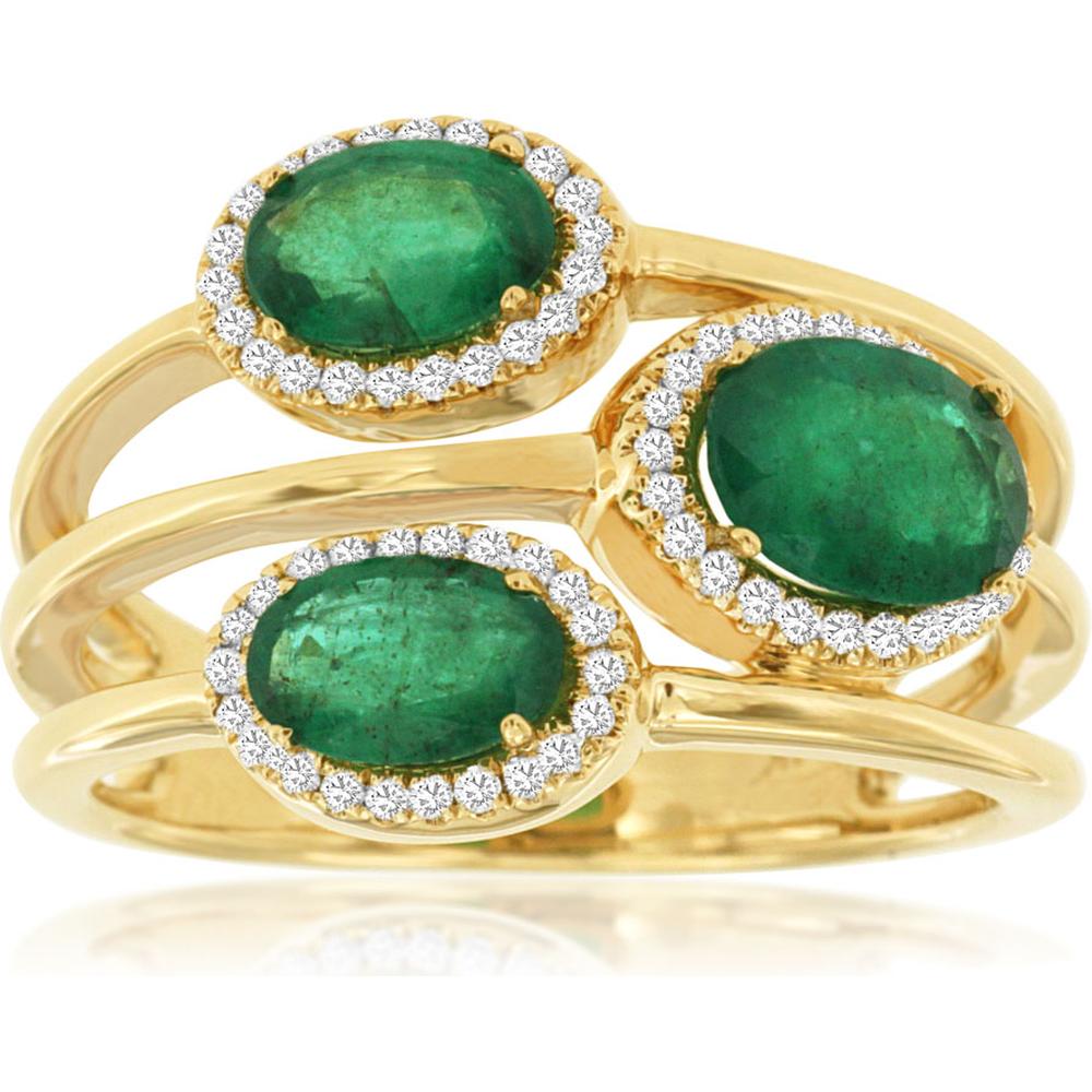 Royal 14K Yellow Gold Three-Stone Ring with Oval Emeralds and Diamond Halos - 1.58 Carat Total Emerald Weight, 0.20 Carat Total Diamond Weight