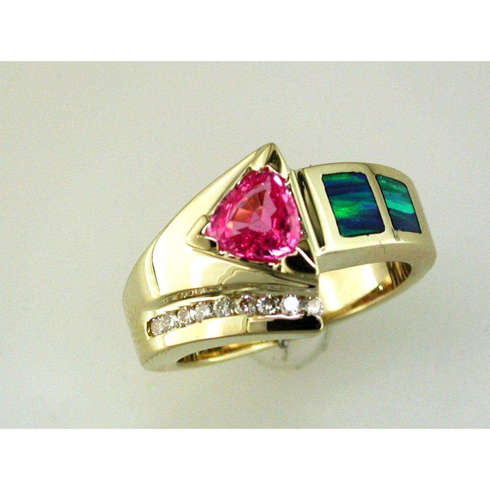 Royal 14K Yellow Gold Trillion-cut Labopal, Pink Sapphire, and Diamond Ring