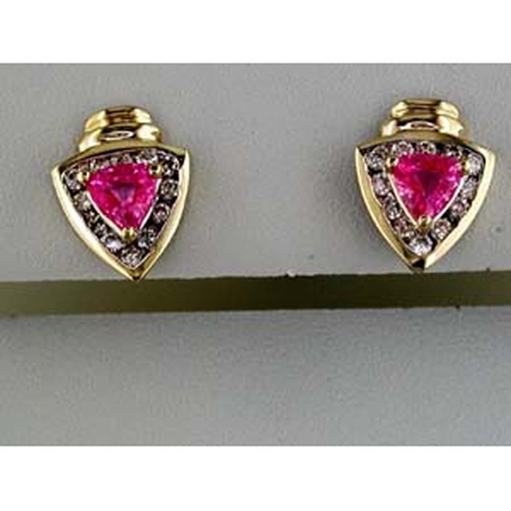 Royal 14K Yellow Gold Trillion Pink Sapphire and Diamond Earrings - 0.70 Carat Total Pink Sapphire Weight, 0.24 Carat Total Diamond Weight