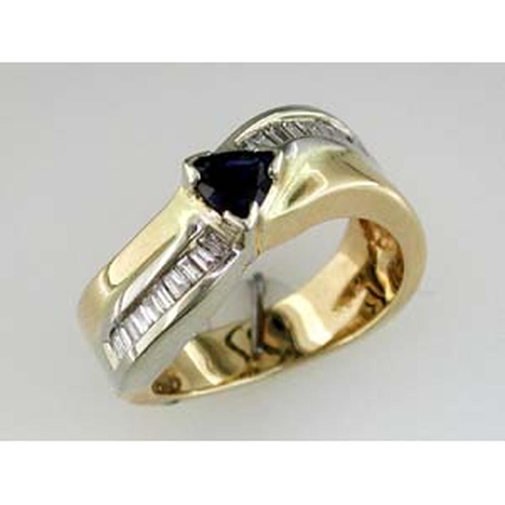 Royal 14K Yellow Gold Trillion Sapphire and Baguette Diamond Ring - 0.60 Carat Sapphire, 0.28 Carat Total Diamond Weight
