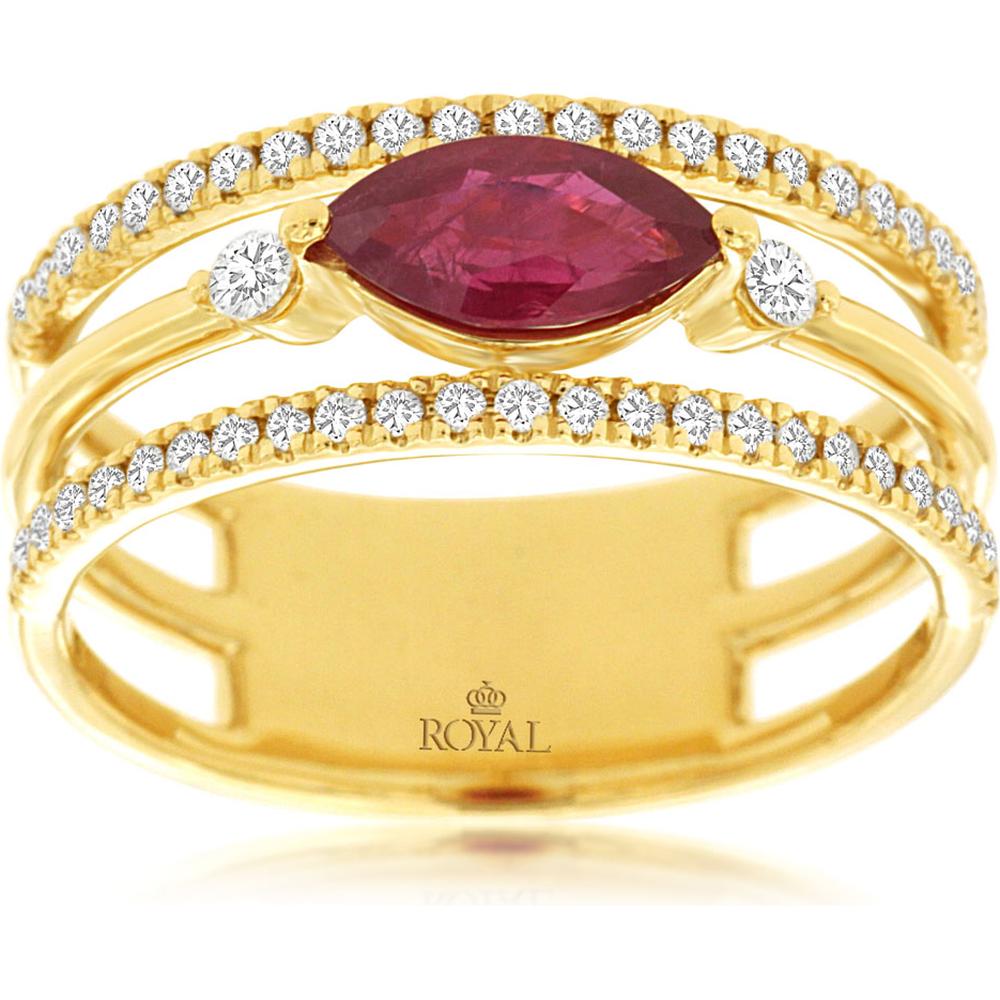 Royal 14K Yellow Gold Triple Row Marquise Ruby and Pavé Diamond Ring - 0.62 Carats Ruby and 0.16 Carats Diamond Total Weight