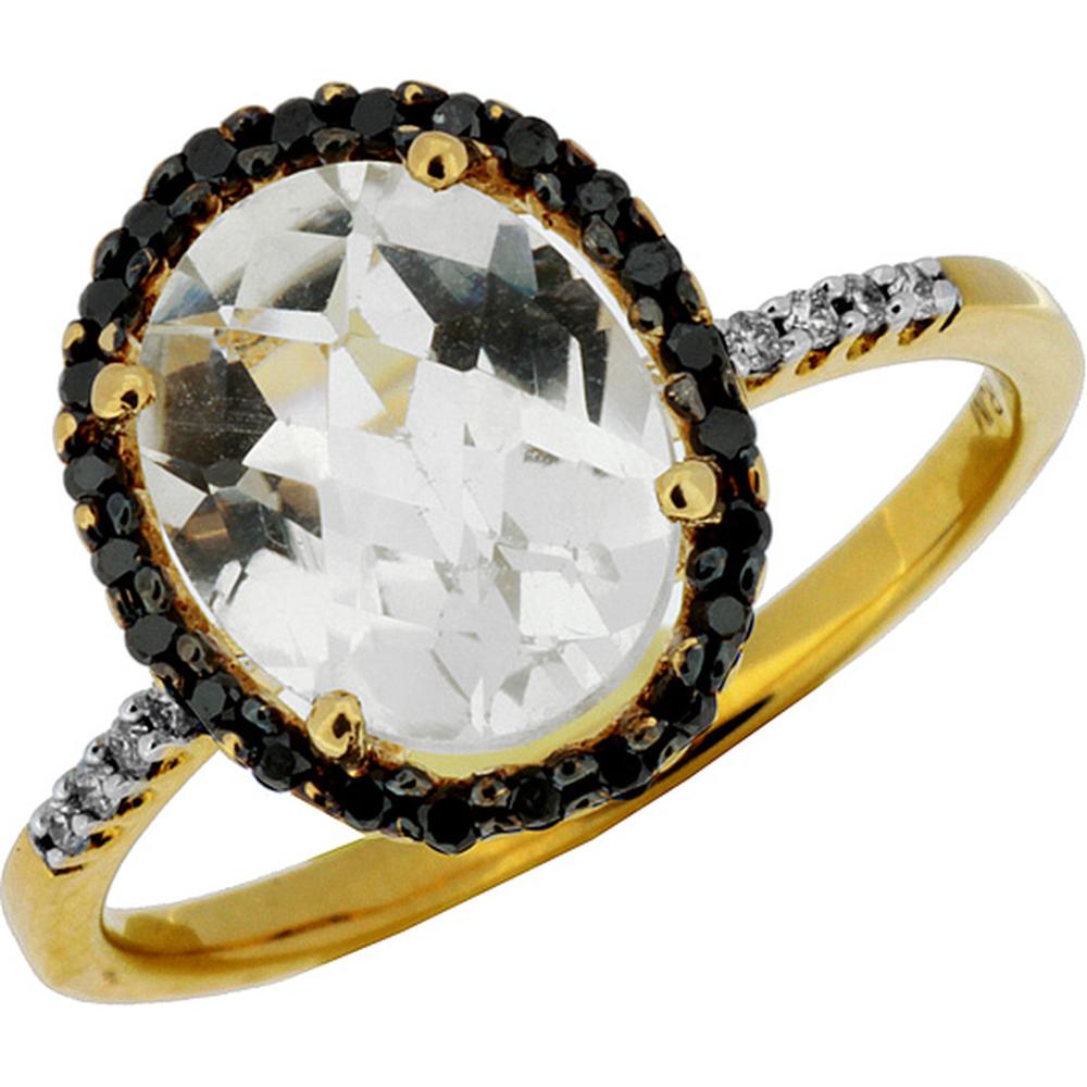 Royal 14K Yellow Gold White Topaz Ring - 2.40 Carat Oval Cut with Black Diamond Accents
