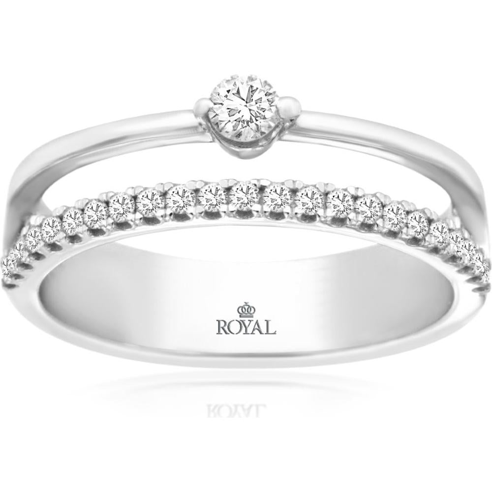 Royal 18K White Gold Diamond Ring with Prong Set Solitaire and Pavé Band - 0.30 Carats Total Diamond Weight