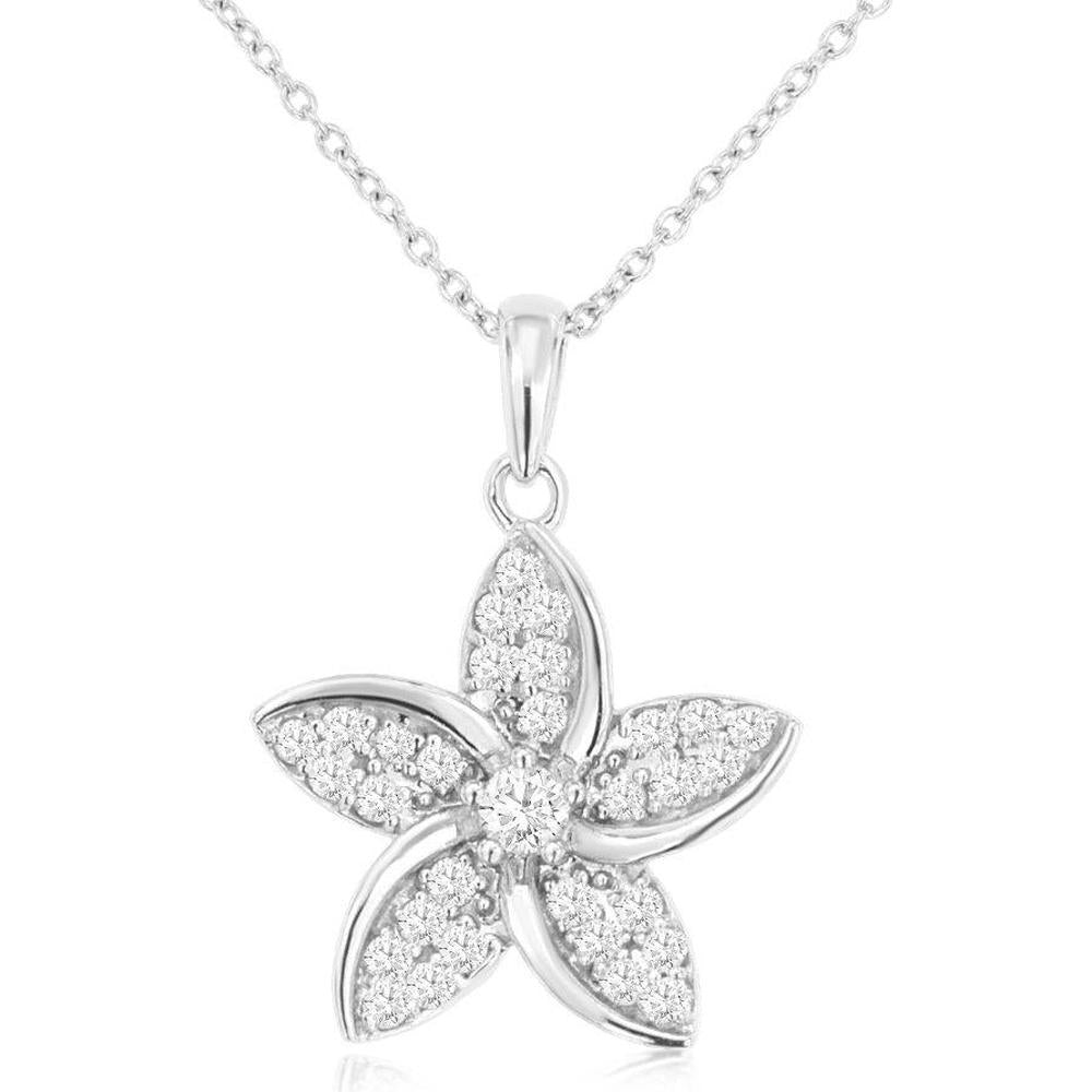 Royal 18K White Gold Flower Pendant with Pavé-Set Diamonds - 0.26 Carat Total Diamond Weight