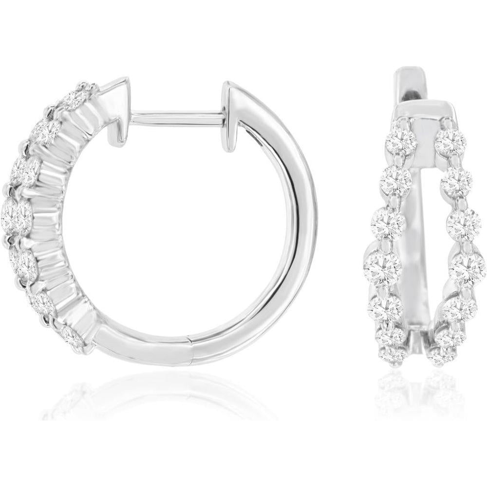 Royal 18K White Gold Medium Hoop Earrings with Prong-Set Round and Baguette Diamonds - 0.74 Carat Total Diamond Weight