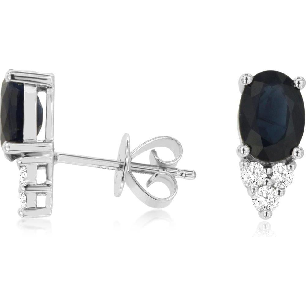 Royal 18K White Gold Sapphire and Diamond Stud Earrings with Oval-Cut Sapphires and Round Diamonds - 1.90 Carat Total Sapphire Weight, 0.19 Carat Total Diamond Weight