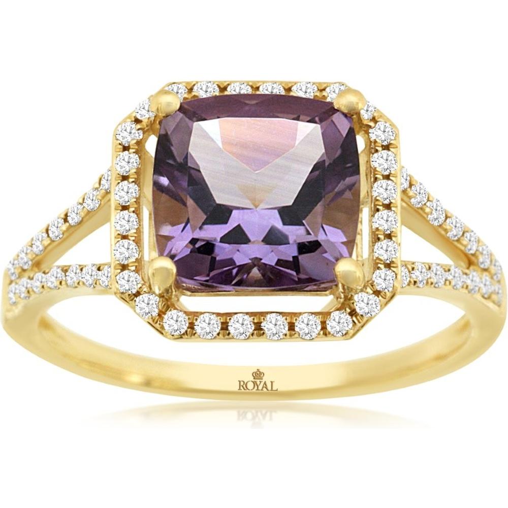 Royal 18K Yellow Gold Amethyst & Diamond Halo Ring - 2.20 Carats Total Weight