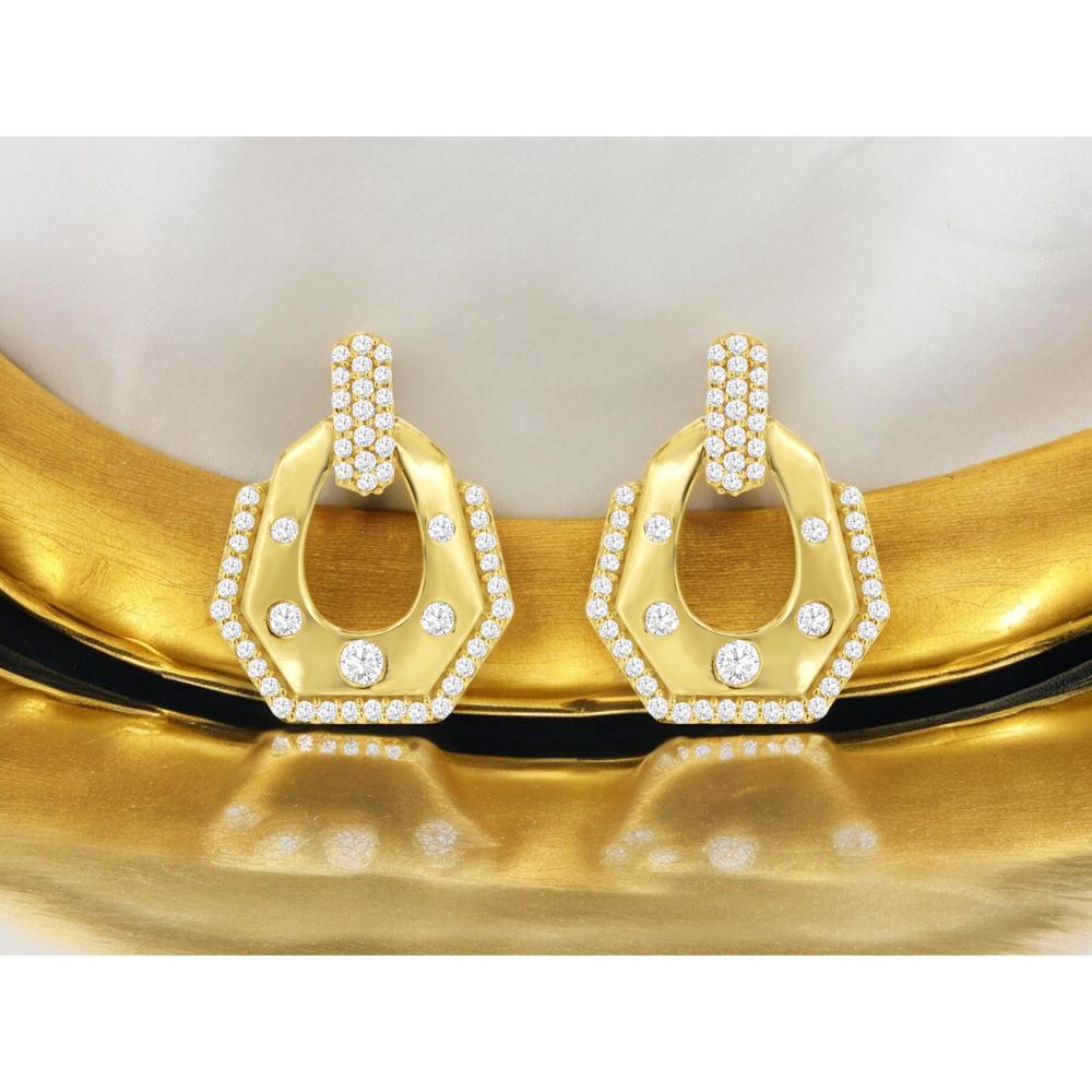 Royal 18K Yellow Gold Geometric Diamond Earrings with Bezel and Pave Setting - 0.38 Carat Total Diamond Weight