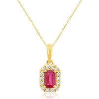 Royal 18K Yellow Gold Ruby and Diamond Pendant with Prong Set Halo - 0.35 Carats Ruby and 0.10 Carats Diamond Weight