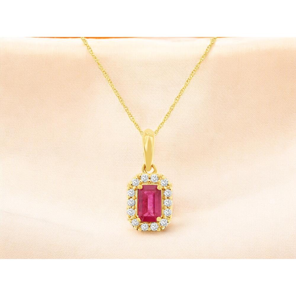 Royal 18K Yellow Gold Ruby and Diamond Pendant with Prong Set Halo - 0.35 Carats Ruby and 0.10 Carats Diamond Weight