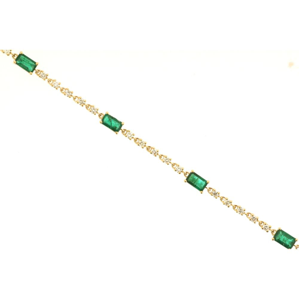 Royal 18K Yellow Gold Station Bracelet with Rectangular Emeralds and Round Diamonds - 1.60 Carats Emerald and 0.65 Carats Diamond Total Weight