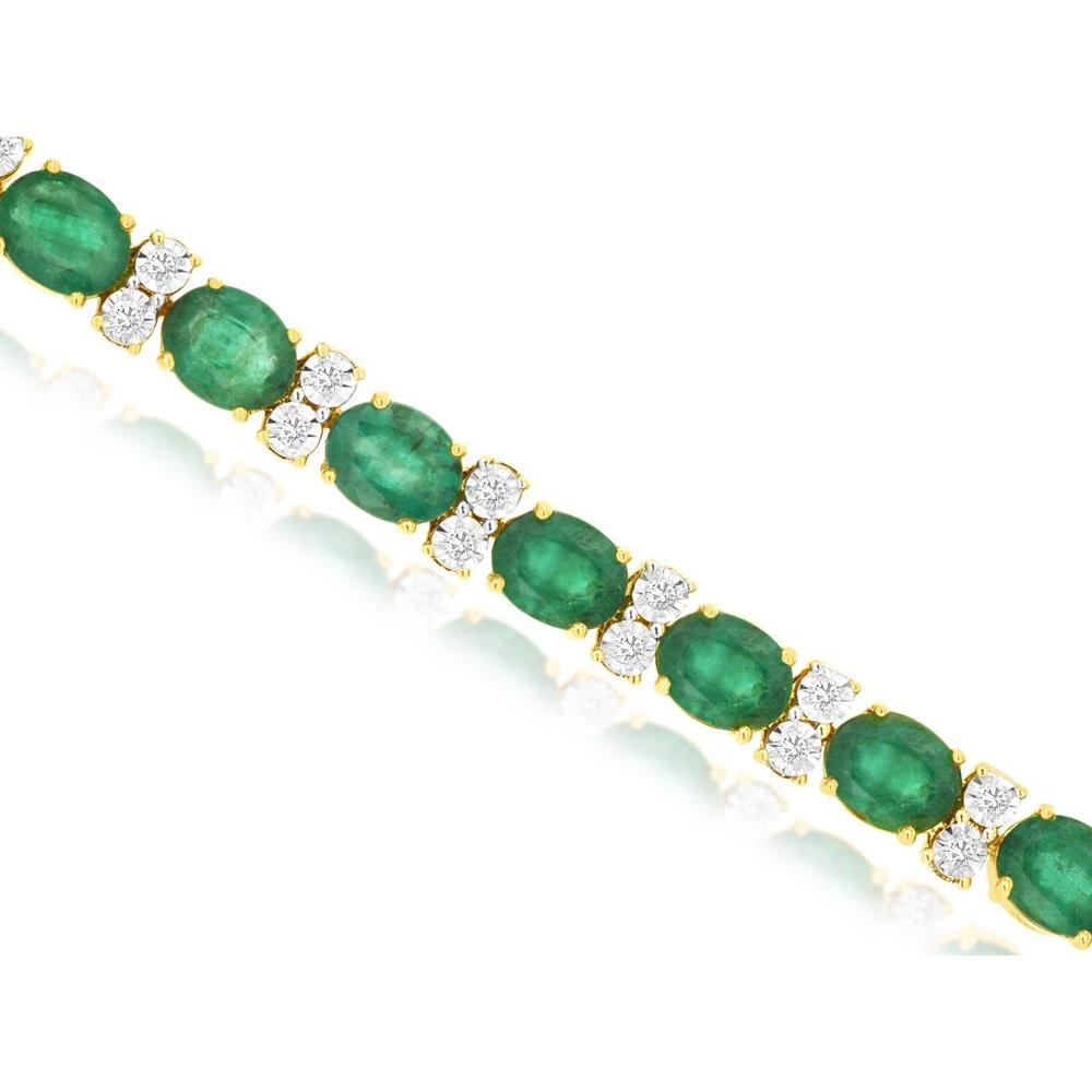 Royal 18K Yellow Gold Tennis Bracelet with Oval Emeralds and Round Diamonds - 8.75 Carat Total Emerald Weight, 0.38 Carat Total Diamond Weight
