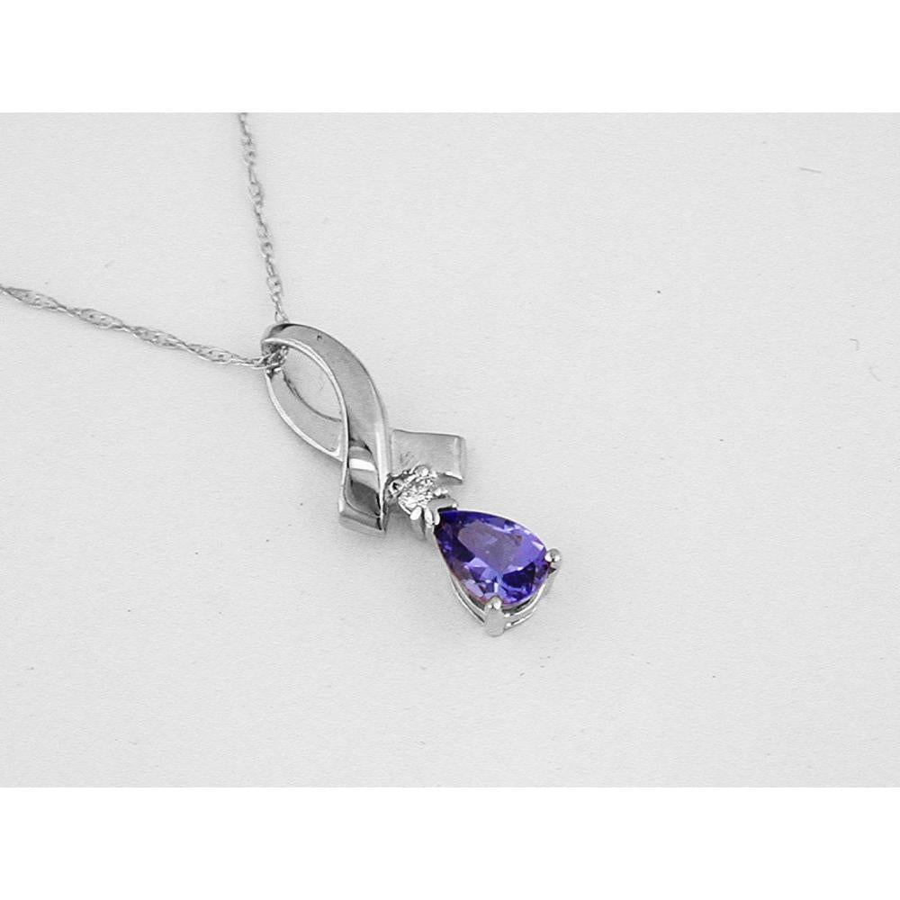 Royal Dazzling 14K White Gold Tanzanite & Diamond Pendant - Pear Shape - 0.42 Carat Tanzanite - 0.03 Carat Diamond Total Weight