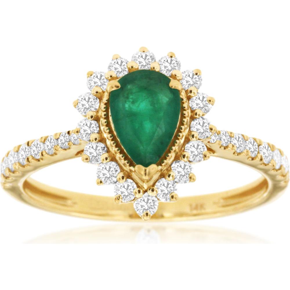 Royal Dazzling 14K Yellow Gold Emerald and Diamond Pear Ring