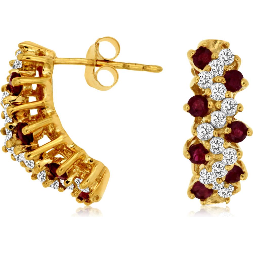 Royal Dazzling 14K Yellow Gold Ruby & Diamond Statement Earrings