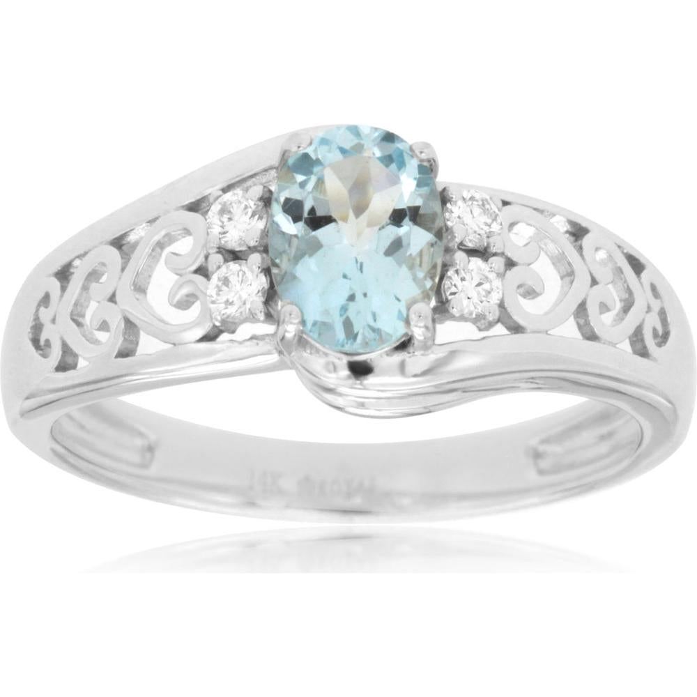Royal Elegant 14K White Gold Aquamarine & Diamond Ring - 0.70 Carat Aquamarine, 0.10 Carat Diamond