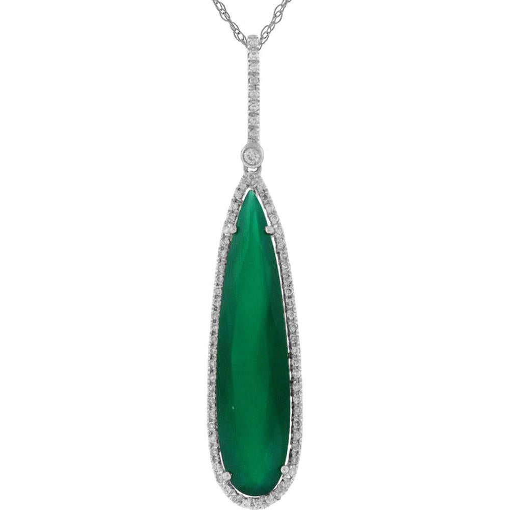 Royal Elegant 14K White Gold Diamond & Green Agate Pear Pendant