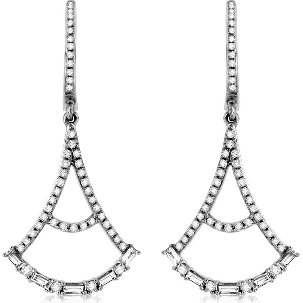 Royal Elegant 14K White Gold Diamond Earrings - 0.42 Carat Round Diamond & 0.27 Carat Baguette Diamonds
