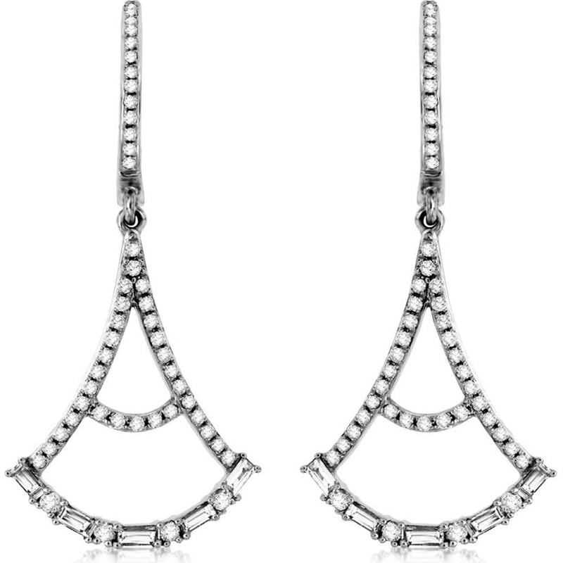 Royal Elegant 14K White Gold Diamond Earrings - 0.42 Carat Round Diamond & 0.27 Carat Baguette Diamonds