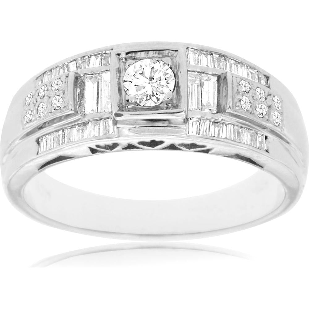 Royal Elegant 14K White Gold Diamond Wedding Ring with Round and Baguette Diamonds - 0.55 Carat Total Diamond Weight