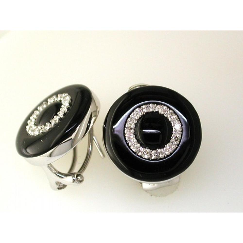 Royal Elegant 14K White Gold Onyx & Diamond Oval Earrings - 0.20 Carat Total Diamond Weight