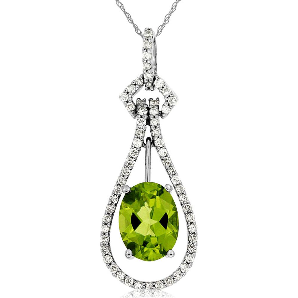 Royal Elegant 14K White Gold Peridot and Diamond Pendant - 1.25 Carat Peridot, 0.22 Carat Diamond Total