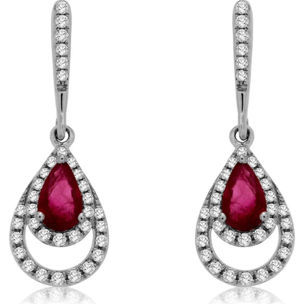 Royal Elegant 14K White Gold Ruby & Diamond Pear-shaped Earrings - 0.44 Carat Ruby, 0.20 Carat Diamond