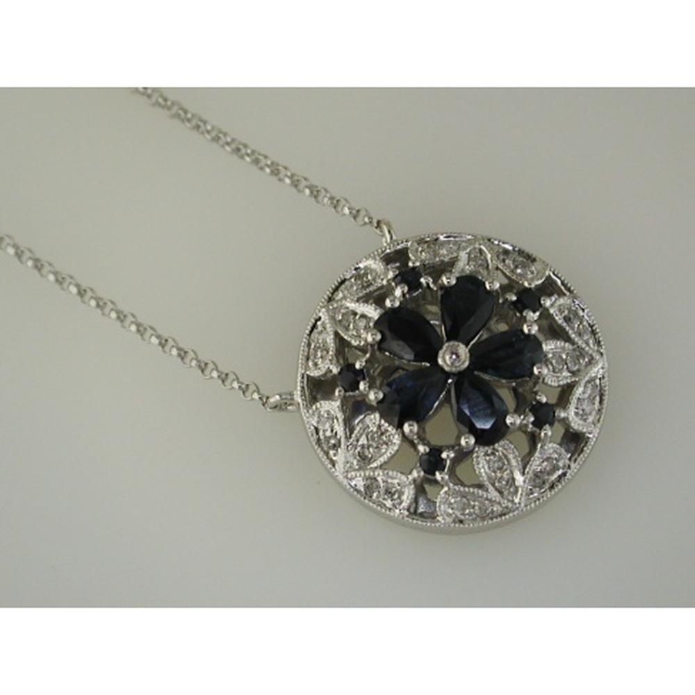Royal Elegant 14K White Gold Sapphire and Diamond Halo Necklace - 1.50 Carat Sapphire, 0.16 Carat Diamond Total