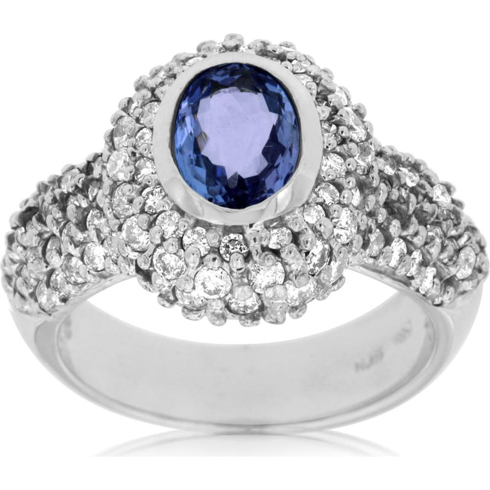 Royal Elegant 14K White Gold Tanzanite and Diamond Halo Ring - 1.50 Carat Tanzanite, 0.80 Carat Diamonds