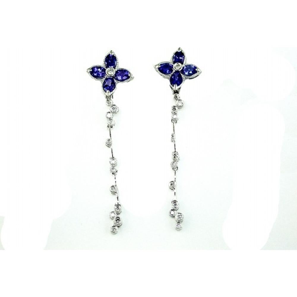 Royal Elegant 14K White Gold Tanzanite and Diamond Oval Flower Earrings