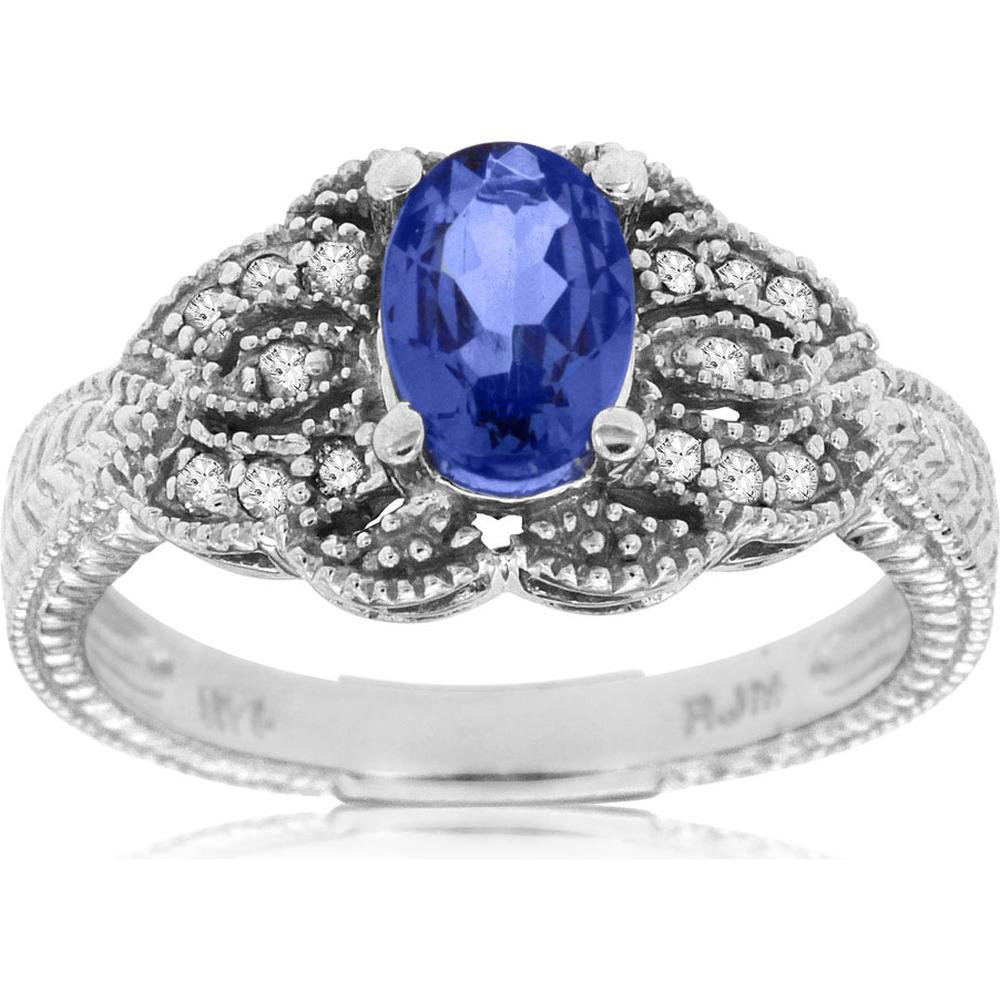 Royal Elegant 14K White Gold Tanzanite & Diamond Oval Ring - 0.85 Carat Tanzanite, 0.14 Carat Diamonds