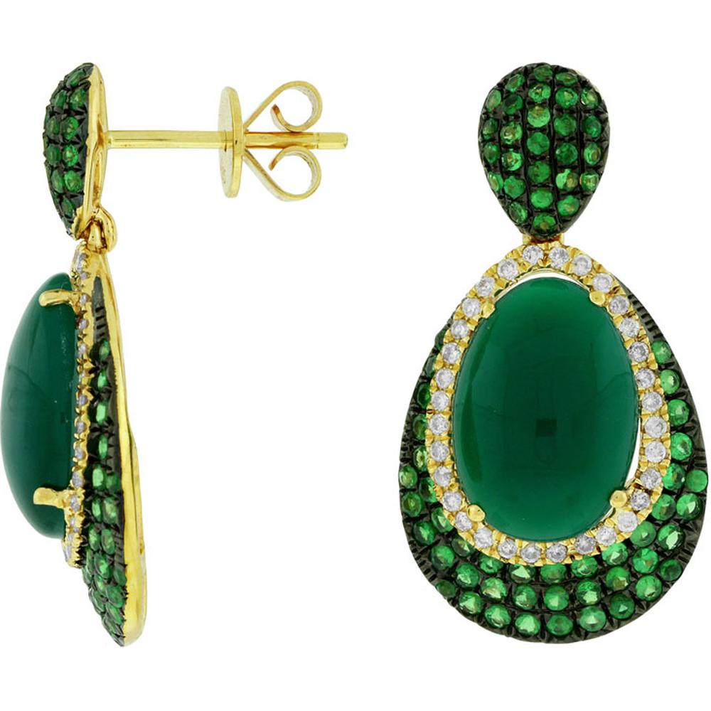 Royal Enchanting 14K Yellow Gold Diamond & Green Garnet & Agate Earrings - 1.35 Carat Total Gemstone Weight