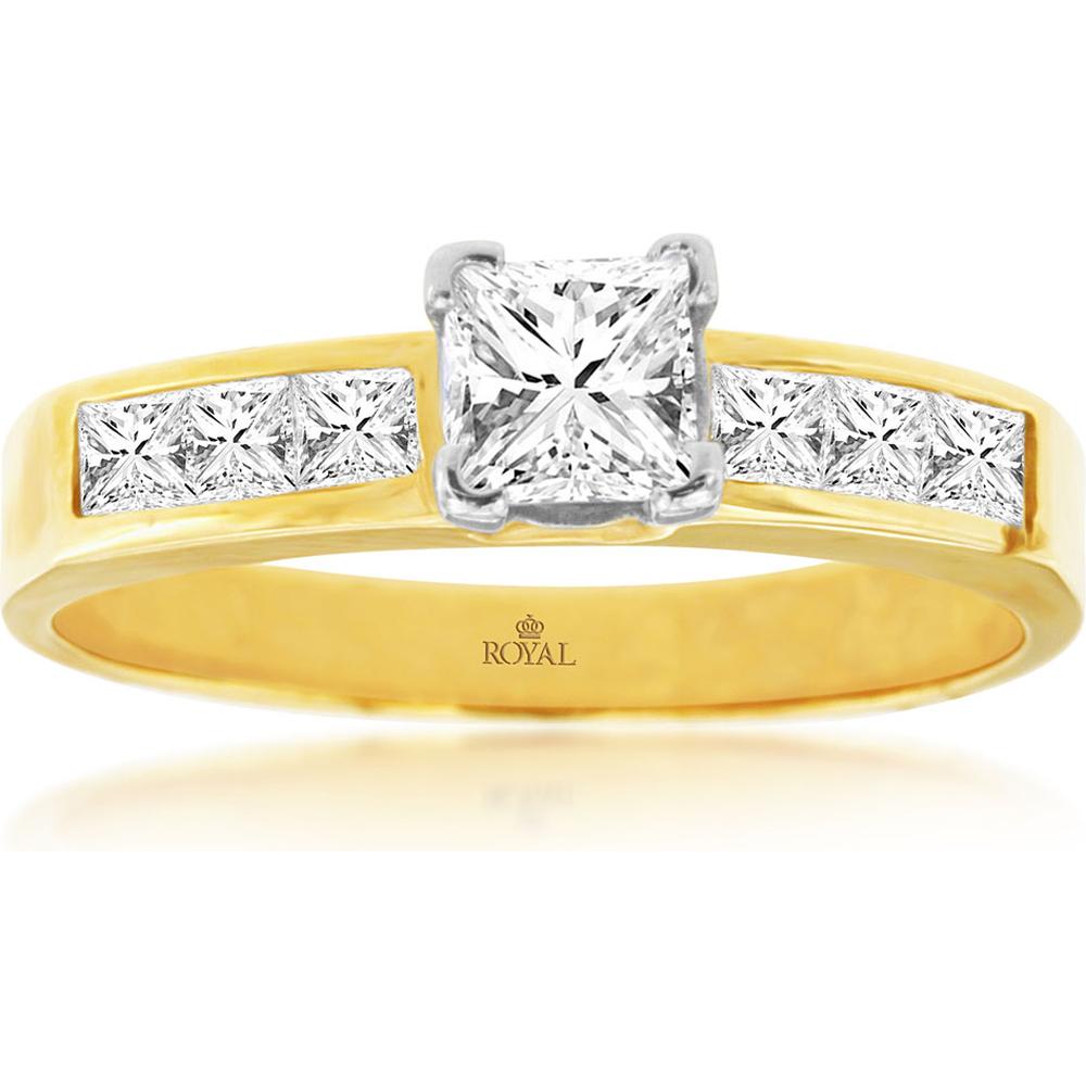 Royal Enchanting 14K Yellow Gold Princess Cut Diamond Engagement Ring - 0.48 Carat Main Stone - 0.42 Carat Total Diamond Weight