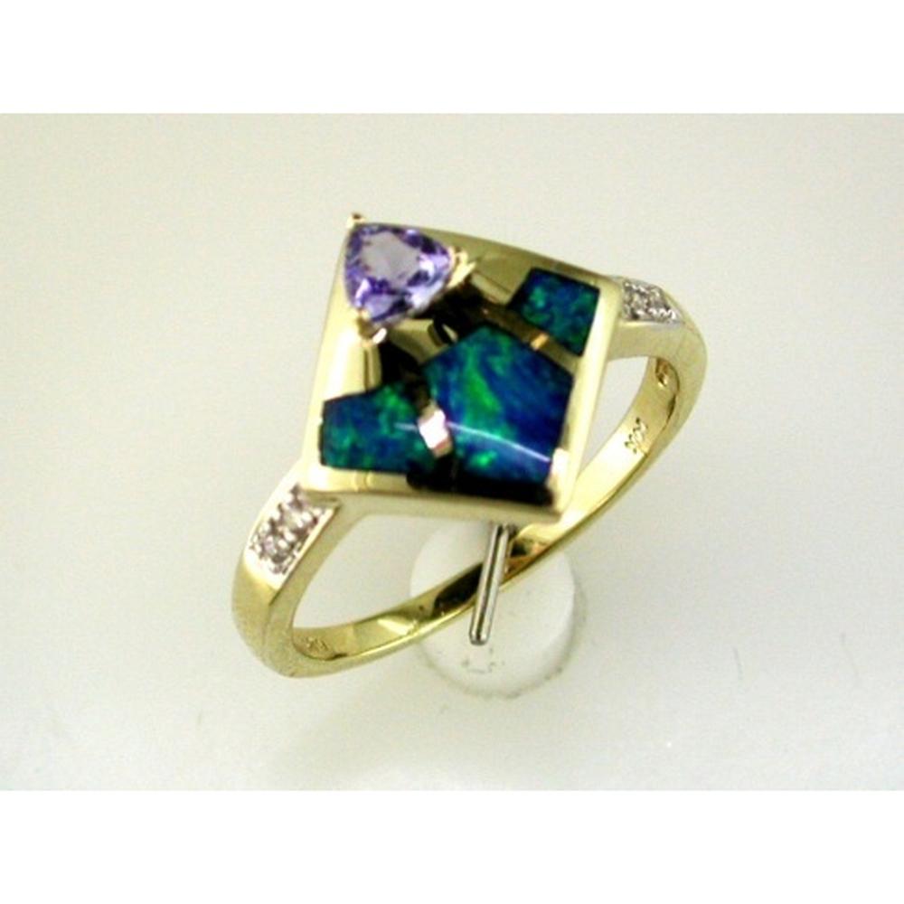 Royal Enchantment 14K Yellow Gold Tanzanite & Opal Diamond Ring - Magical Trillion Design