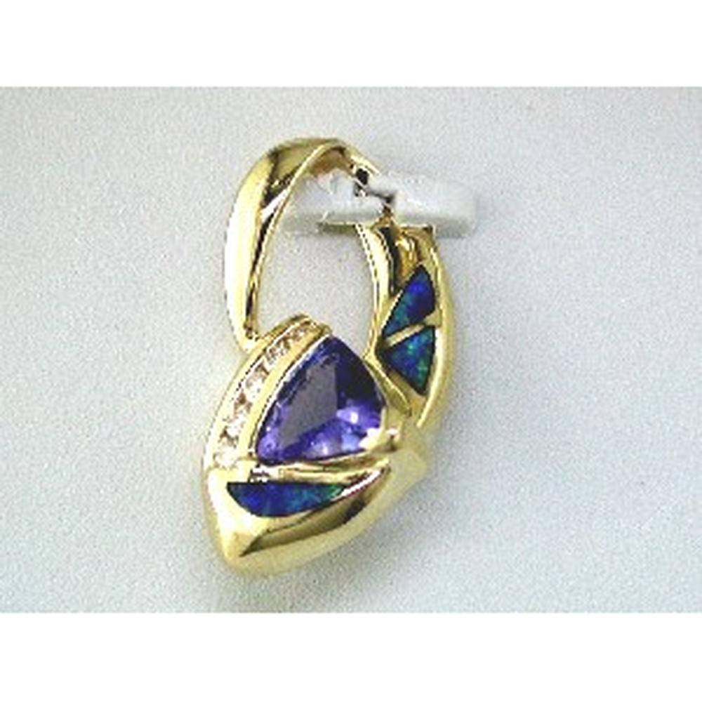 Royal Exquisite 14K Yellow Gold Tanzanite & Opal Trillion Pendant - Elegance Personified
