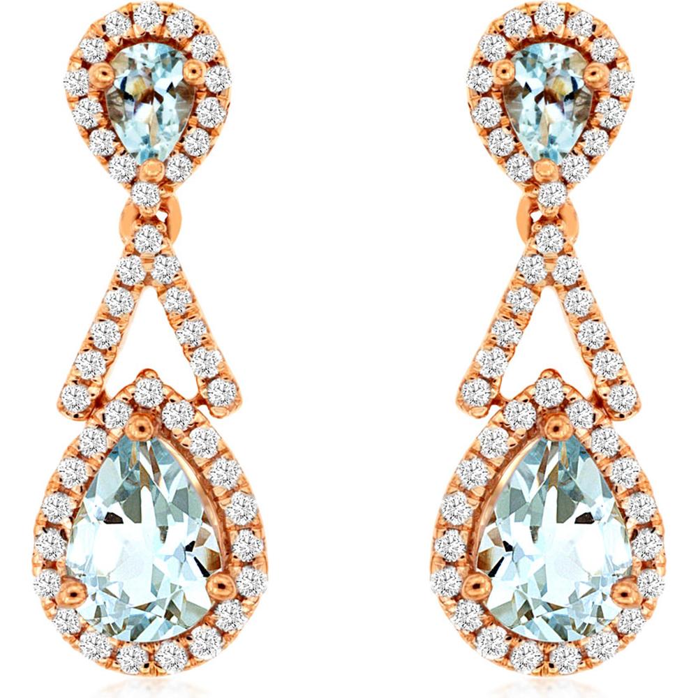 Royal Luxurious 14K Rose Gold Aquamarine & Diamond Halo Earrings