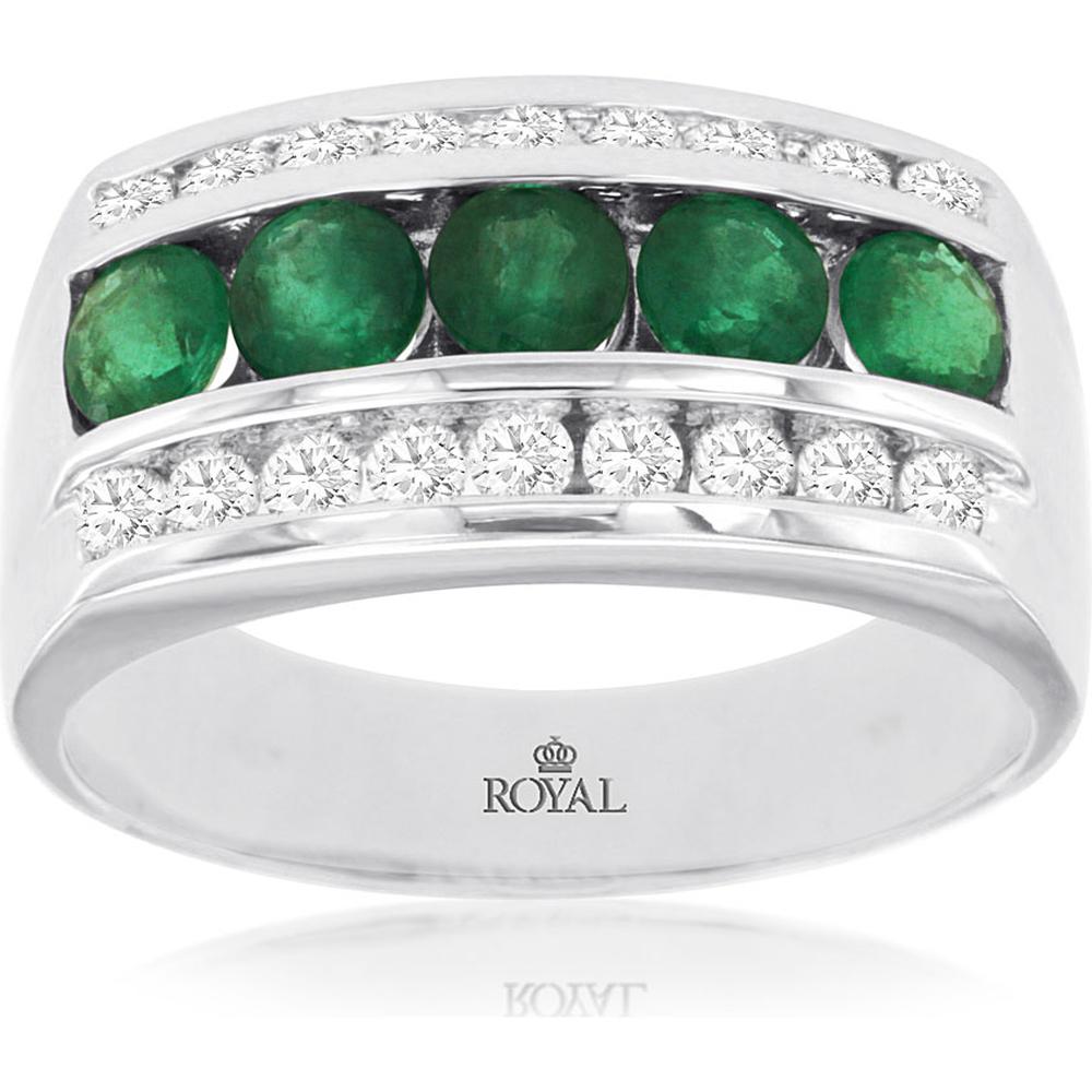 Royal Men's 14K White Gold Emerald & Diamond Ring - 1.40 Carats Emeralds, 0.66 Carats Diamonds