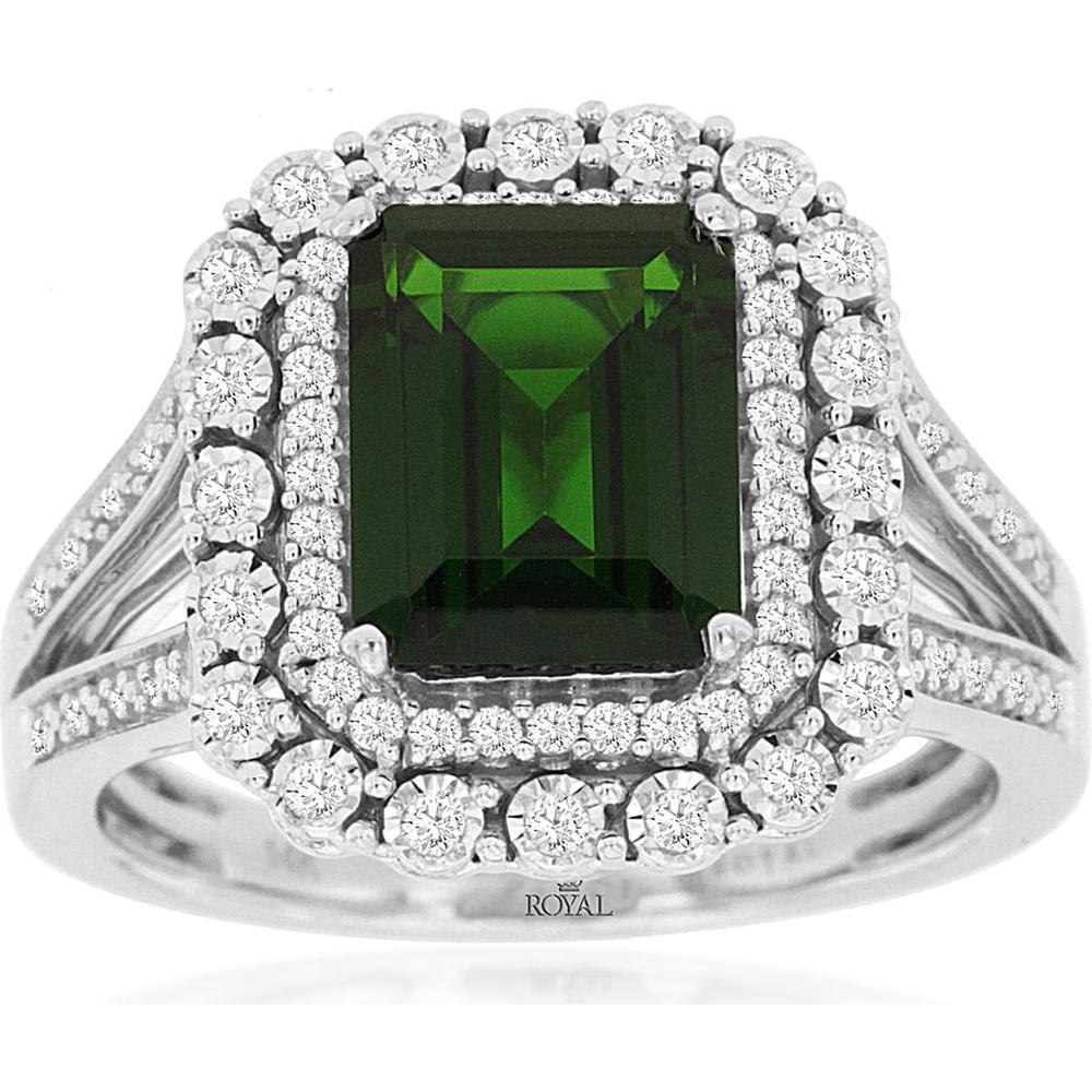 Royal Opulent 14K White Gold Russalite and Diamond Emerald Cut Ring
