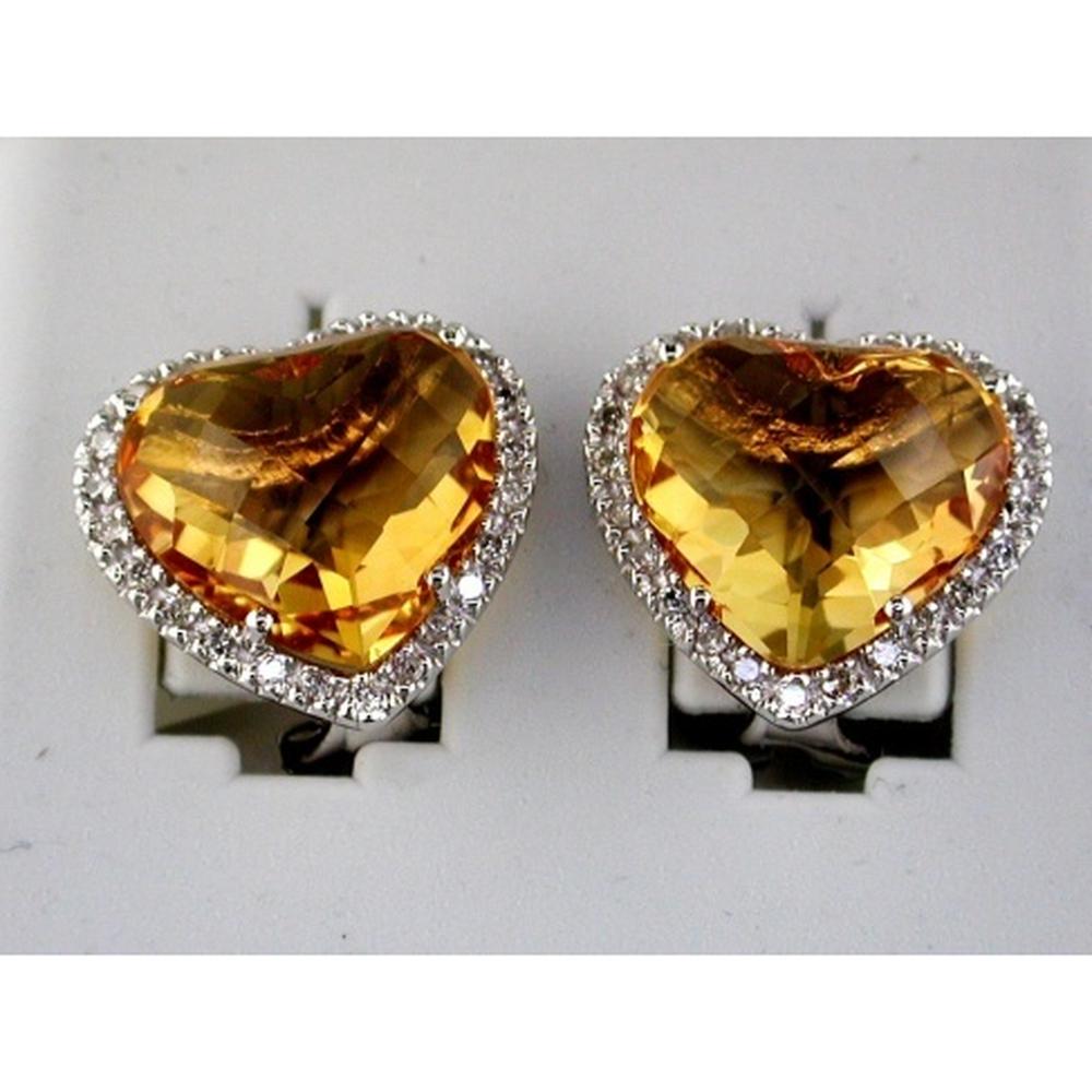 Royal Radiance:14K White Gold Citrine & Diamond Heart Earrings