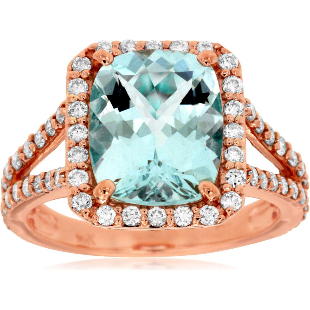 Royal Radiant 14K Rose Gold Aquamarine and Diamond Halo Ring