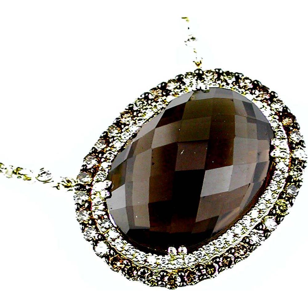 Royal Radiant 14K Yellow Gold Smoky Quartz and Brown Diamond Halo Pendant