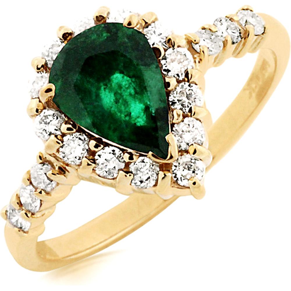 Royal Regal 14K Yellow Gold Emerald & Diamond Ring - 1.12 Carat Pear Emerald, 0.45 Carat Round Diamonds