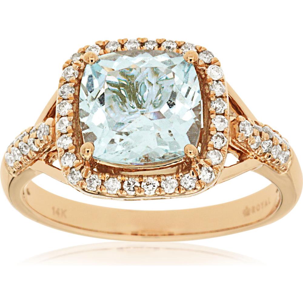 Royal Romantic 14K Rose Gold Aquamarine and Diamond Cushion-Cut Ring - 2.30 Carat Total Gem Weight
