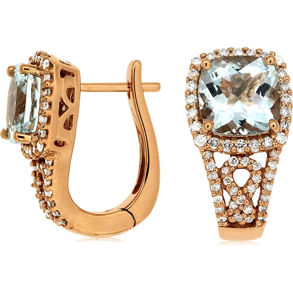 Royal Rose Gold Aquamarine & Diamond Cushion Earrings - 3.25 Carat Total Gem Weight