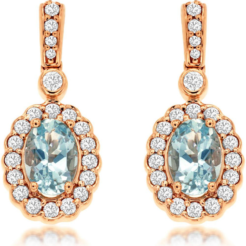 Royal Rose Gold Aquamarine & Diamond Halo Earrings - 0.82 Carat Aquamarine, 0.33 Carat Diamond Total Weight