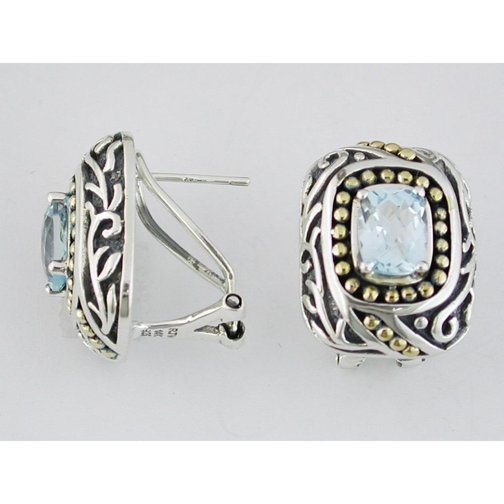 Royal Silver & Gold Blue Topaz Cushion Cut Earrings - 3.40 Carat Total Gem Weight